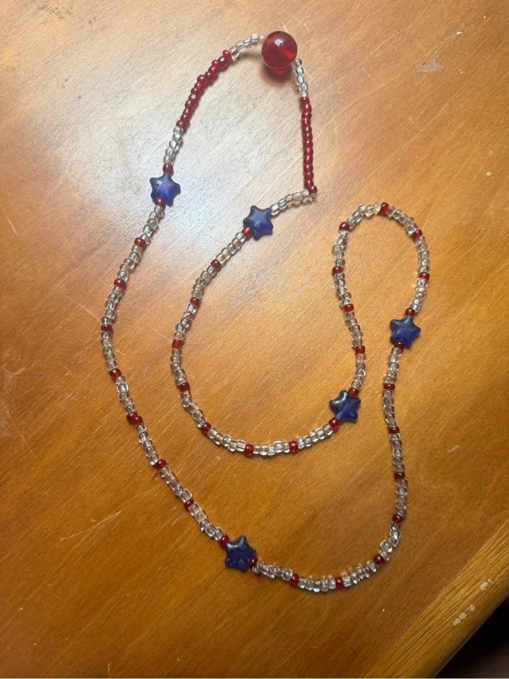 Handmade Red and Blue Beaded Necklace 30”